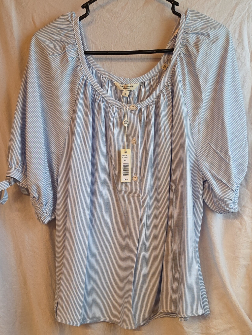 Max Studio Blue and White Striped Peasant Top